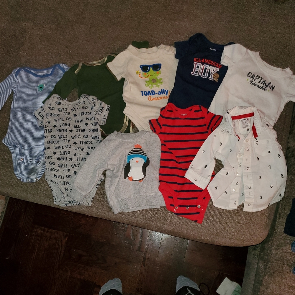 Lot of 9 0-3 Mo boys infant onesies and shirts